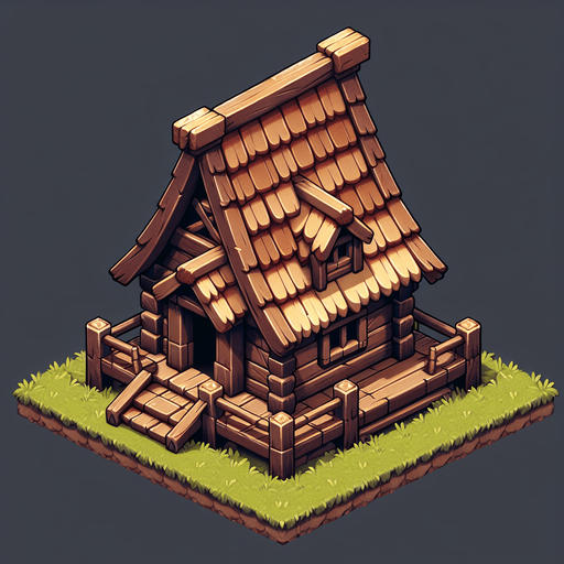 Kulübe.
Single Game Texture.  In-Game asset.  2d.  Blank background.  High contrast.  No shadows