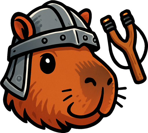 Una cabeza de un capibara en estilo cartoon. Debe tener un casco medieval. A su lado debe esatr un resortera. Quita el fondo..
In-Game asset.  2d.  High contrast.  No shadows