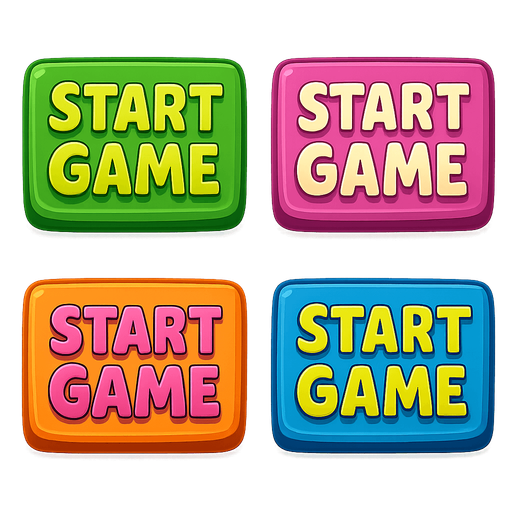 Pack of buttons have text "start game", with HD colors, any colors.
In-Game asset.  2d.  High contrast.  No shadows