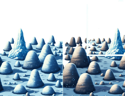 Arctic pingos.
Single Game Texture. In-Game asset. 2d. Blank background. High contrast. No shadows.