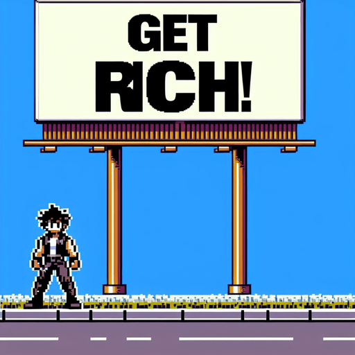 street ad billboard with 1 or 2 posts with "Get rich!" on it.
high definition video game sprite