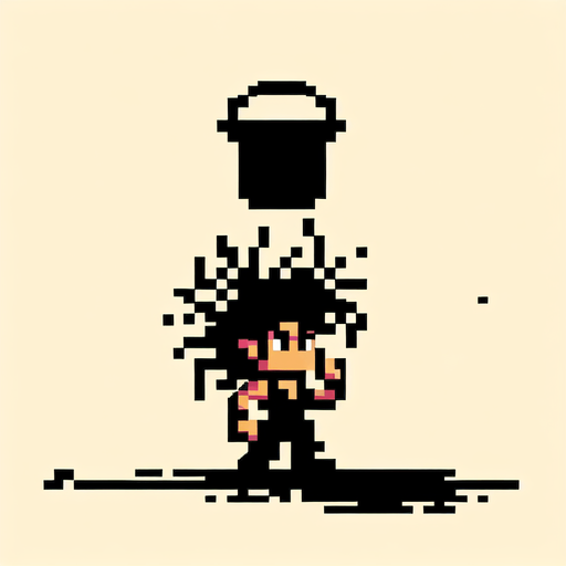 8 bit girl with wild hair holding up a  big bucket above her head to catch water, punk rock, main character.
Single Game Texture. In-Game asset. 2d. Blank background. High contrast. No shadows.
