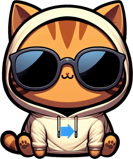"The character in the image is an adorable, cartoon-style orange tabby cat, marked by its striking stripes. It features a round face, concealed behind oversized, round, dark opaque sunglasses, giving it an air of mystery. The cat's form is delightfully small relative to its head, contributing to its cute, chubby appearance. It wears a simple, light-colored hoodie. Prominently featured on the hoodie is a unique logo: a pair of arrows, with the blue arrow aiming left and the black arrow aiming right. This hoodie, complete with a drawstring, showcases the cat's laid-back style. With its paws out in front, the cat sits in a posture of ease, radiating a sense of peace and satisfaction. The character's playful and whimsical nature makes it not just an ideal mascot but also a captivating character in children's stories.
Single Game Texture. In-Game asset. 2d. Blank background. High contrast. No shadows.