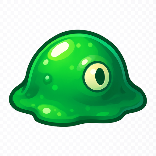 A single, isolated, highly detailed top-down isometric game asset of a Basic Slime. It is a slightly translucent, vibrant green, blue, or purple gelatinous blob, perfectly suited for a static sprite. Its surface should appear wet and glistening, with subtle internal bubbles or a single, simple, unblinking eye embedded within (static, not animated). The slime's most prominent side or an implied 'front' should be clearly oriented towards the right side of the image, indicating its forward movement. Style: Stylized, cartoony fantasy, slightly squishy texture, suitable for a Tower Defense game. Transparent background.
In-Game asset.  2d.  High contrast.  No shadows