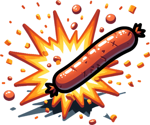 An exploding sausage.
Single Game Texture. In-Game asset. 2d. Blank background. High contrast. No shadows.