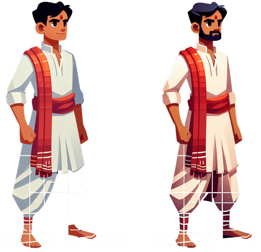 indian man.
Single Game Texture. In-Game asset. 2d. Blank background. High contrast. No shadows.