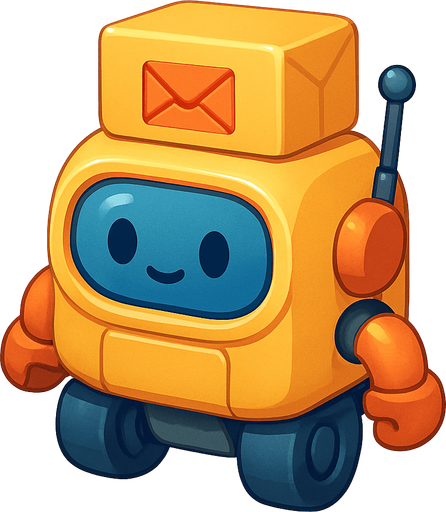 A mail delivery robot. Cute soft graphics. soft ambient light. semi-matte to satin surfaces. naturalistic with slight saturation boost colors. 
In-Game asset.  2d.  High contrast.  No shadows. top down.