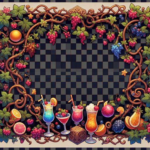 A fullscreen background gui element for an in-game shop. It should be mostly blanks space, but along the edges there could be some structure or decorative vines and items, mostly related to fruits, berries, cocktails in a summer theme..
Single Game Texture. In-Game asset. 2d. Blank background. High contrast. No shadows.