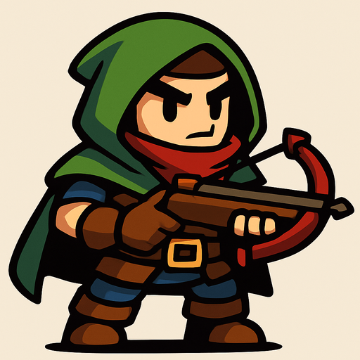 Create a game character with a crossbow in hand.
In-Game asset.  2d.  High contrast.  No shadows