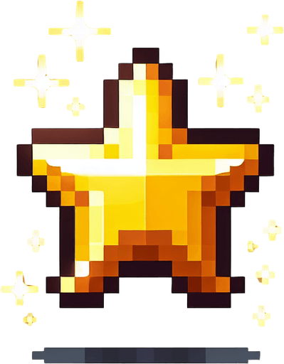 A small, glowing golden star collectible in pixel art style. Shiny with a subtle sparkle effect, floating slightly above the ground. Simple and bright, easy to spot during fast gameplay. Designed to reward players for precision jumping. Transparent background..
Single Game Texture.  In-Game asset.  2d.  Blank background.  High contrast.  No shadows