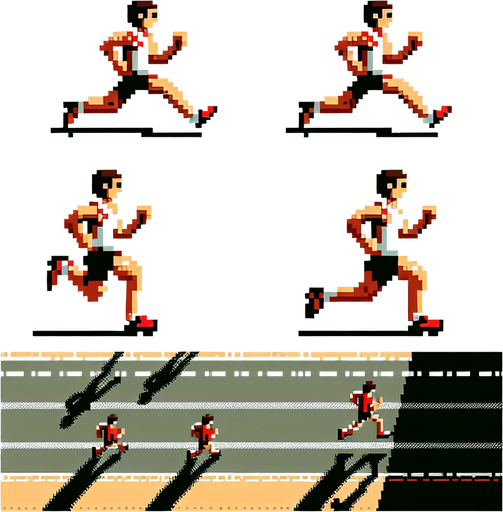 sprite sheet for a marathon runner seen directly from above in a running and jumping state. gta 2 perspective. ensure the runner is seen straight from above as in the gta 2 game. pixelated. 8 bit.
Single Game Texture. In-Game asset. 2d. Blank background. High contrast. No shadows.