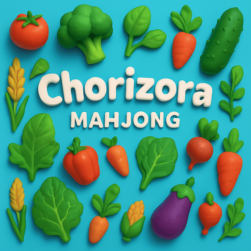 Mahjong game background of vegetables and plants, have text in the middle of it "Chorizora mahjong".
In-Game asset.  High contrast.  No shadows. 3D