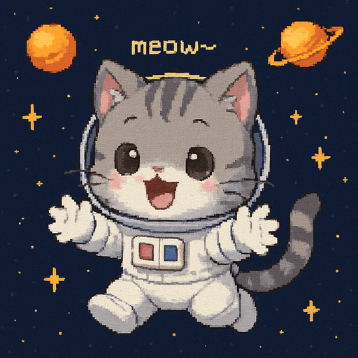A cute gray kitten, drawn in an adorable chibi anime style and wearing an astronaut suit, floats in outer space with its little paws outstretched as if reaching out for a hug. It meows sweetly, and the entire scene is illustrated in charming Pixel Art style.