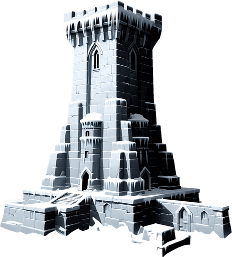 A turret tower built of ice blocks. Front view perspective. Single Game Texture. In-Game asset. 2d. Blank background. High contrast. No shadows.
