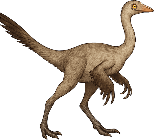 A slender Ornithomimus dinosaur covered with fine, light gray and brown feathers. It has longer, quill-like feathers on its arms and tail, and softer downy feathers on its body. The head is small and narrow with large, bright eyes and a beak-like mouth. Its long legs are built for speed, ending in sharp claws. The feathers have a natural texture, giving the dinosaur a bird-like, agile appearance..
In-Game asset.  2d.  High contrast.  No shadows