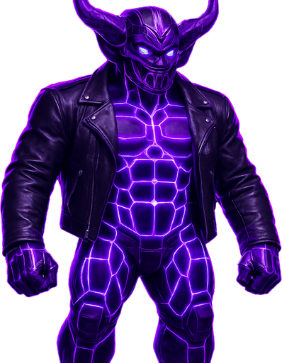Black leather biker jacket longsleeves bare segmented neon cyberpunk pecs abs muscles robot monster hunk Neon cyberpunk 3d hologram corporate occult demon android mecha robot sentinel guard soldier machine monster fully in frame no part cut off no background anime futuristic Background removed, "Full-body character, entirely in frame, no cropping of face, head, or feet" "Complete character visible, from head to toe, fully centered in the image" "Entire character, including face and boots, fully within the frame" Character fully contained within a square frame, no edges cut off  horns through boots