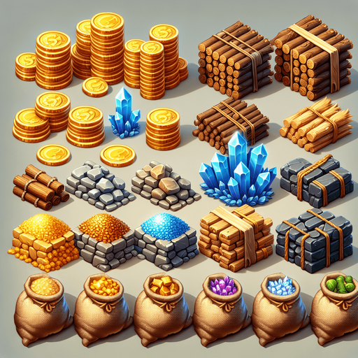A neatly arranged collection of game resources for a strategy tycoon game. The set includes stacks of gold coins with shimmering highlights, bundles of wood tied with rope, piles of smooth gray stone blocks, shimmering crystal shards, and sacks overflowing with grains and food. Each resource has distinct, vibrant colors and semi-realistic textures, designed to be easily recognizable by players. The background is clean and neutral, ensuring the focus remains on the individual resource icons.
Single Game Texture.  In-Game asset.  2d.  Blank background.  High contrast.  No shadows