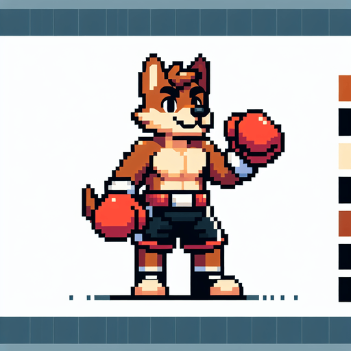 anthropomorphic dog wearing boxing shorts and boxing gloves, boxer, pixel art
Single Game Texture. In-Game asset. 2d. Blank background. High contrast. No shadows.