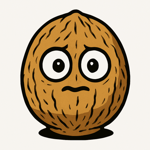 Nuez de color marrón claro, con una textura rugosa que le da un aspecto robusto. Es de forma ovalada, ligeramente más ancha en la base. Tiene dos ojos grandes y blancos con pupilas negras, que miran hacia adelante, y una boca pequeña y sonriente que le da una expresión algo asustadiza o sorprendida..
In-Game asset.  High contrast.  No shadows