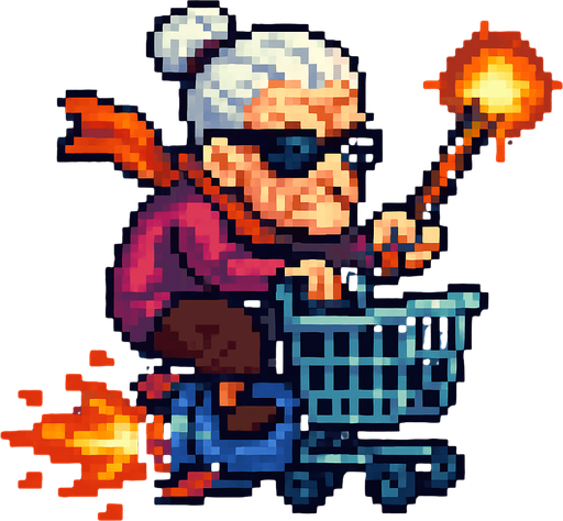 Pixel art sprite of a fierce old lady wearing sunglasses and a scarf, riding a rocket-powered shopping cart. She’s holding a glowing cane like a weapon. Side view, colorful retro 2D style.


PNG.
In-Game asset.  2d.  High contrast.  No shadows