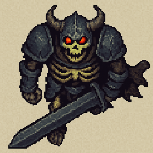 “Top-down 2D pixel art of a massive armored skeleton warrior with glowing red eyes. He holds an enormous two-handed sword, dragging or raising it. The armor is dark, cracked, and ancient, with heavy pauldrons, a horned helmet, and a tattered cape. The skeleton’s bones are thick and yellowed, giving a monstrous undead presence. Viewed directly from above, designed as a boss enemy sprite in a dark fantasy pixel art game.”.
In-Game asset.  2d.  High contrast.  No shadows