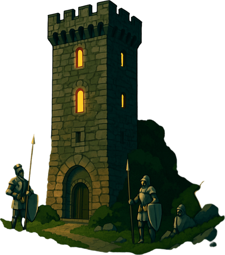 A hidden stone tower in a lush mountain pass, guarded by loyal knights, soft firelight glowing from narrow windows, peaceful and fortified, realistic.
In-Game asset.  2d.  High contrast.  No shadows