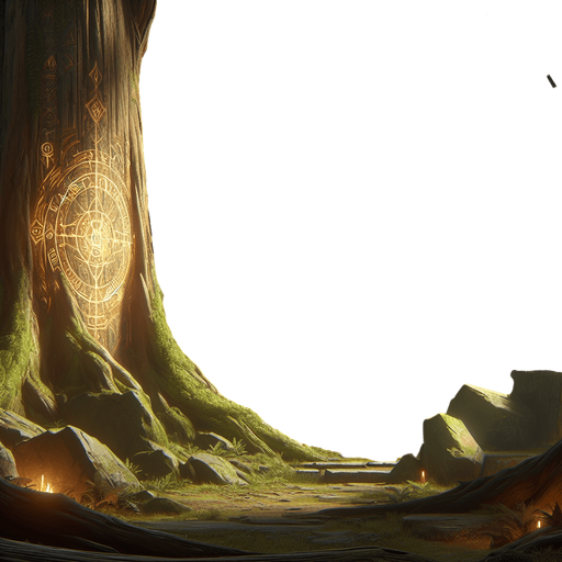 Backdrop: An ancient, mystical forest with glowing runes etched into massive tree trunks.

Colors: Earthy greens and browns with soft golden accents.

Details: Misty ambiance with faint ethereal figures in the background..
Single Game Texture. In-Game asset. 2d. Blank background. High contrast. No shadows.