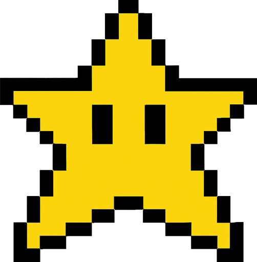 Yellow star with Black eyes style pixel art.
2d.  High contrast.  No shadows