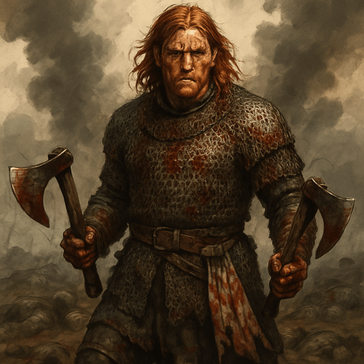 A brutal mercenary captain in blood-stained chainmail, wielding twin axes. Male, 40 years old, muscular and wild, shoulder-length red hair, fiery amber eyes, freckled and scarred face. A severed banner tied to his belt, his hands wrapped in bloodied leather. He stands amidst fallen enemies in a smoky battlefield. Realistic, highly detailed, brutal war setting. realistic.
In-Game asset.  2d.  High contrast.  No shadows