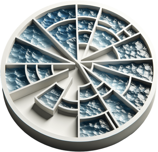 top view of a circle of water sliced into many pieces, flat image..
2d, white background, shadowless.