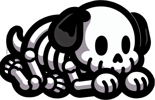 a cartoon skeleton puppy. lying down. head between paws..
Single Game Texture. In-Game asset. 2d. Blank background. High contrast. No shadows.