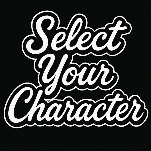 letras negras con contorno blanco que dicen select your character con letra cursiva.
In-Game asset.  2d.  High contrast.  No shadows