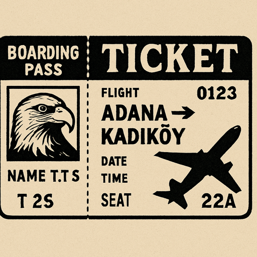 Bir uçak bileti oluştur . Yolcunun adı T.T.S olsun . Uçak bileti siyah beyaz olsun . Ucağın rotası Adana -> Kadıköy olsun . Yolcunun fotosu kartal olsun . retro temada olsun ..
In-Game asset.  2d.  High contrast.  No shadows