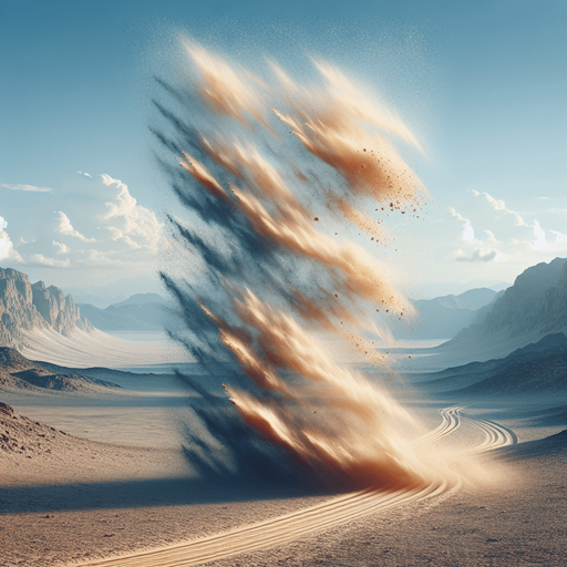 Light bright and transparent vertical Sand cloud in the air behind a vehicle