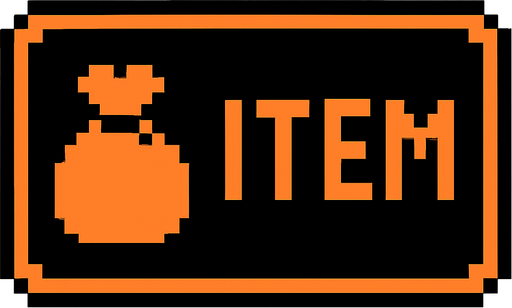 Black button with an orange outline that says "Item" and has a Bag icon, pixel art.
In-Game asset.  2d.  High contrast.  No shadows