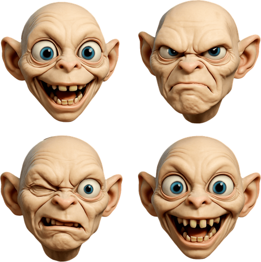 3D Scary but funny and cute face meme of gollum. only face, different faces look.
In-Game asset.  3D.  High contrast.  No shadows. only face
