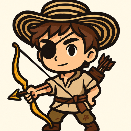 Un arquero en estilo chibi/cuerpo completo. Es un joven de cabello castaño y tez blanca, con un aire humilde y campesino. Lleva ropa sencilla de campesino, con un parche en el ojo derecho que le da un toque rudo. Porta un arco de color dorado brillante y un carcaj lleno de flechas que lleva a modo de cinturón en la cintura. En la cabeza luce un sombrero vueltiao típico, ancho y llamativo. Está en pose de combate ligera, como apuntando o sosteniendo el arco listo para disparar, manteniendo el estilo simpático y expresivo de un chibi..
In-Game asset.  2d.  High contrast.  No shadows