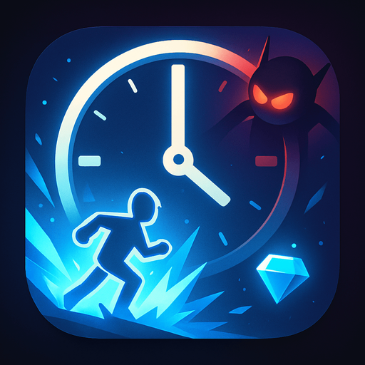 Modern App Store icon, high definition, square with rounded corners, for a game titled "Time Freeze" and with the description "A puzzle-action game where pausing is a superpower. Strategically freeze time to navigate hazards, avoid enemies, and collect items while managing your limited pause energy. Plan your moves carefully in this time-bending adventure where stopping the clock is your greatest tool for success.". No text on icon!