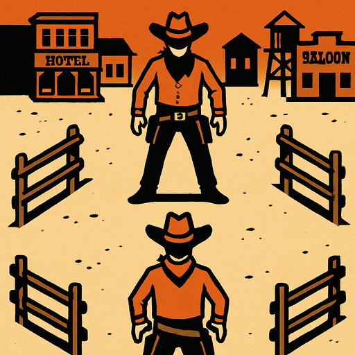a western setting duel arena, place one cowboy at the top of the screen facing down and another cowboy at the bottom facing up.
In-Game asset.  2d.  High contrast.  No shadows