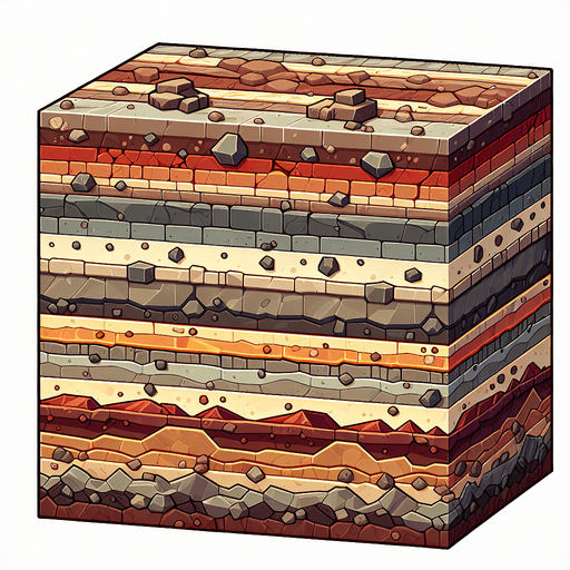 A 2D side-view of the layered earth, like a side-scrolling game environment. 
No cubes or spheres—just a wide rectangle showing layered dirt and rock strata, 
with distinct horizontal bands in different shades of brown and gray. 
Some layers can have small stones, fossils, or subtle traces of ore. 
The style is slightly cartoonish, with clear outlines and warm earthy colors.
Make the top layer a rocky or dirty layer to indicate the deeper layers, 
then progressively much darker and more red as it goes deeper indicating lava rock.
Single Game Texture.  In-Game asset.  2d.  Blank background.  High contrast.  No shadows. Side View. Rectangle. Square. Not a Cube, Horizontal view, lateral view, sideward view, Side angle.