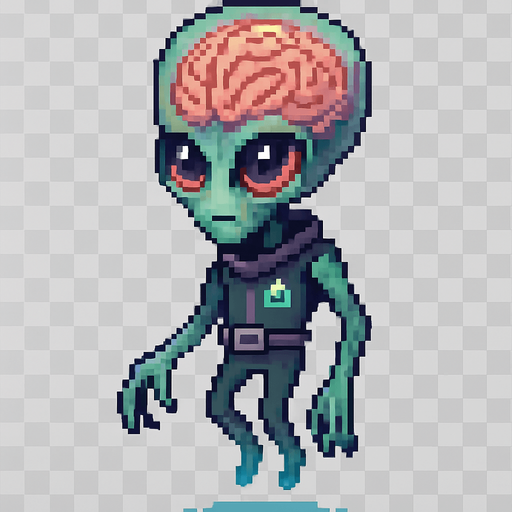 El alien debe ser un personaje de aspecto inteligente y misterioso en estilo pixel art, con una gran cabeza semitransparente que permita ver un cerebro rosado o verdoso expuesto, con textura simple y líneas marcadas que lo hagan reconocible; los ojos deben ser grandes, brillantes y expresivos, de color azul, morado o rojo, transmitiendo inteligencia o curiosidad; su cuerpo debe ser delgado o compacto, con brazos largos o dedos visibles, de color verde, gris o púrpura, con detalles mínimos como placas, símbolos alienígenas o un cinturón tecnológico; puede flotar o tener animación de levitación, con fondo transparente y un estilo que combine lo caricaturesco con lo ligeramente inquietante, perfecto para un juego de ciencia ficción o niveles espaciales..
In-Game asset.  2d.  High contrast.  No shadows