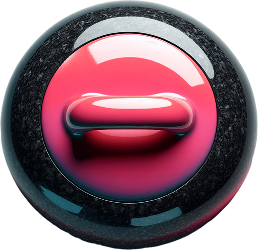 black curling stone with pink top, top view.