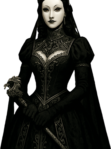 A regal yet enigmatic queen in a black and silver gown, wearing a porcelain mask with only her golden eyes visible. Female, 36 years old, tall and poised, dark wavy hair pinned in a jeweled crown, pale flawless skin. Her gloved hands rest on an ornate scepter with a dragon motif. She stands in a candle-lit throne room surrounded by veiled courtiers. Realistic, highly detailed, gothic royal style. realistic.
In-Game asset.  2d.  High contrast.  No shadows