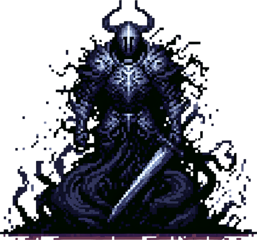 pixel art of an evil fantasy knight. Full body, legs obscured by black mist.
Single Game Texture. In-Game asset. 2d. Blank background. High contrast. No shadows.