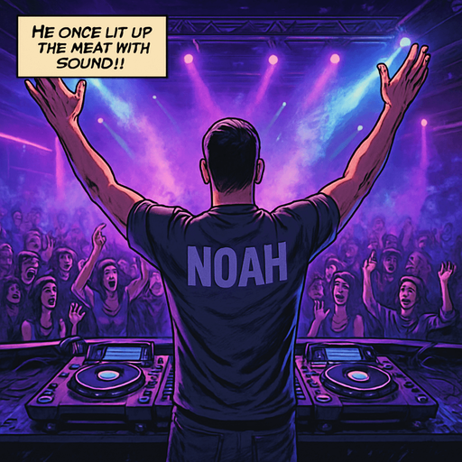 A realistic comic book style illustration, 2048x2048. From behind, DJ Noah stands on stage with arms raised, facing a cheering crowd. Neon lights in purples and blues flood the club. Spotlights, smoke, and a dynamic atmosphere. Add a semi-transparent narrator box in the top-left corner with the text: "He once lit up the night with sound..." in elegant comic book font..
In-Game asset.  2d.  High contrast.  No shadows