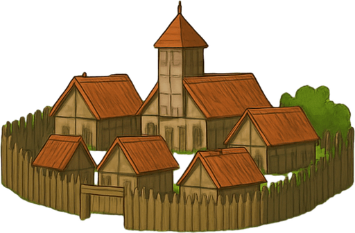 sağ üst köşeye çevresinde eski tahta çitler olan çok küçük bir köy ekle