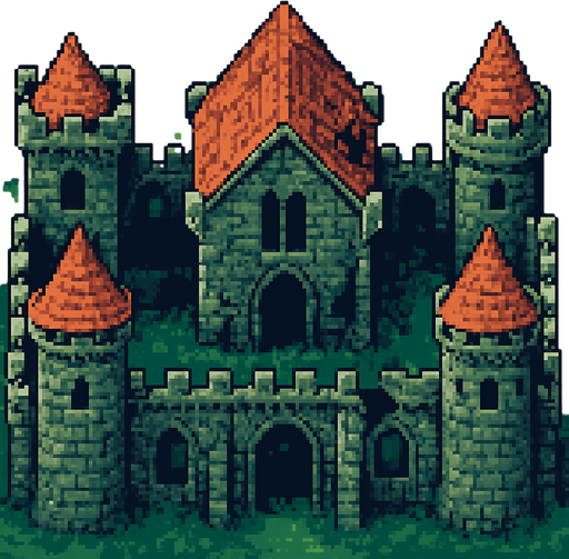 O telhado de um castelo medieval abandonado com suas torres. arte pixel 32 bits, vista aerea frontal.
In-Game asset.  2d.  High contrast.  No shadows