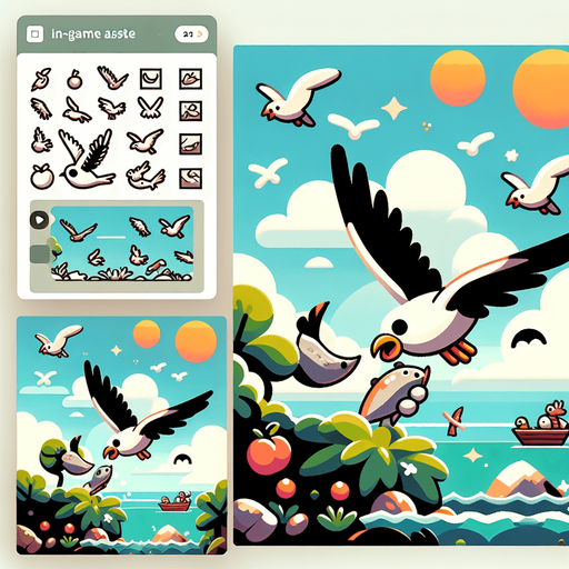 it could imagine flying high in the sky, touching the sea, catching fish, eating fruit, and flying with a flock..
Single Game Texture. In-Game asset. 2d. Blank background. High contrast. No shadows.