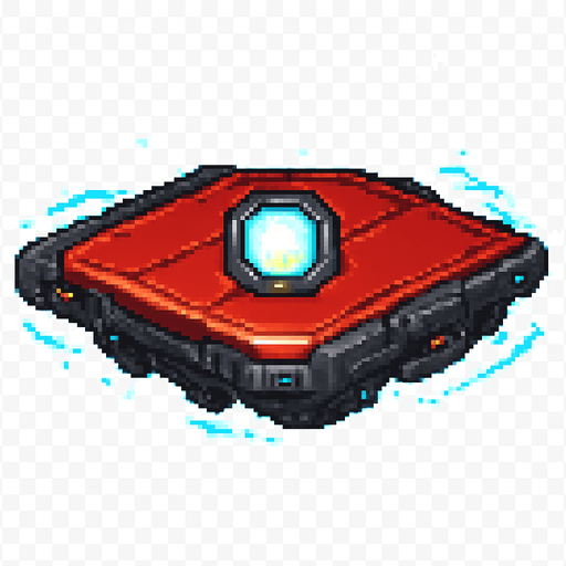 Mechanical floating platform, red metal surface with glowing energy core, sci-fi futuristic design, sleek metallic texture, blue energy particles or trails around edges, hovering effect, technological appearance with small lights or circuits, 2D pixel art style, side view, transparent background.
In-Game asset.  2d.  High contrast.  No shadows