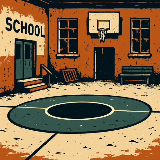 Make a centercircle in an abandoned school.
In-Game asset.  2d.  High contrast.  No shadows